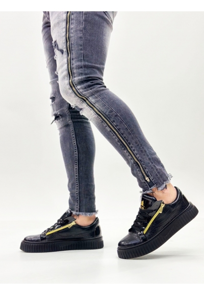 MirgeShoes Siyah Çift Fermuarlı Erkek Casual Ayakkabı Kalın Yüksek Siyah Taban MRG01062626