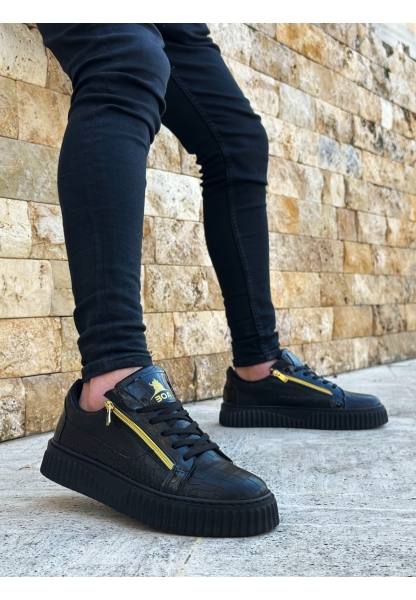 MirgeShoes Siyah Çift Fermuarlı Erkek Casual Ayakkabı Kalın Yüksek Siyah Taban MRG01062626