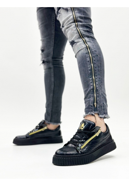 MirgeShoes Siyah Çift Fermuarlı Erkek Casual Ayakkabı Kalın Yüksek Siyah Taban MRG01062626