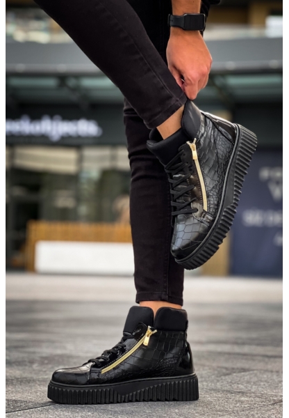 MirgeShoes Siyah Çift Fermuarlı Erkek Spor Bot Rahat Deri Kalın Yüksek Siyah Taban MRG01062830