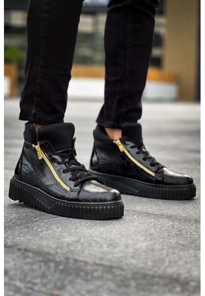 MirgeShoes Siyah Çift Fermuarlı Erkek Spor Bot Rahat Deri Kalın Yüksek Siyah Taban MRG01062830