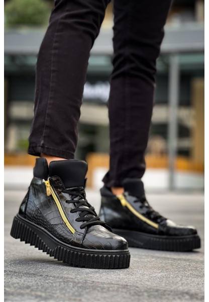 MirgeShoes Siyah Çift Fermuarlı Erkek Spor Bot Rahat Deri Kalın Yüksek Siyah Taban MRG01062830