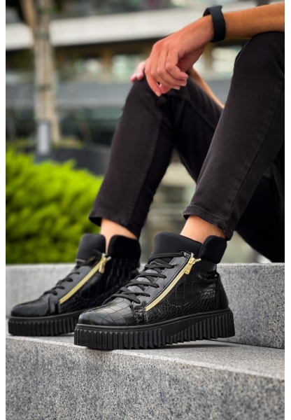 MirgeShoes Siyah Çift Fermuarlı Erkek Spor Bot Rahat Deri Kalın Yüksek Siyah Taban MRG01062830