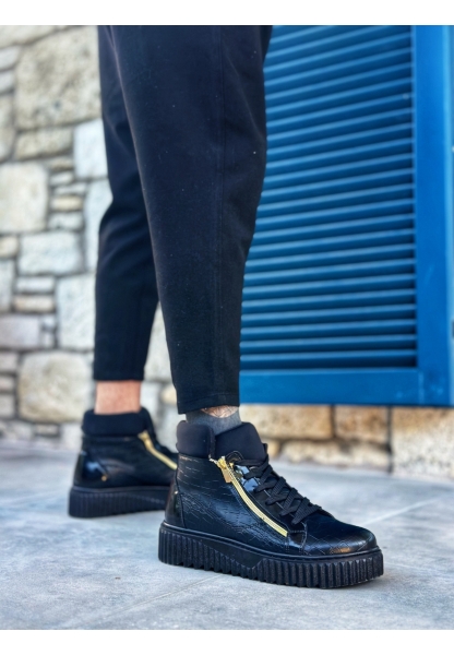 MirgeShoes Siyah Çift Fermuarlı Erkek Spor Bot Rahat Deri Kalın Yüksek Siyah Taban MRG01062830