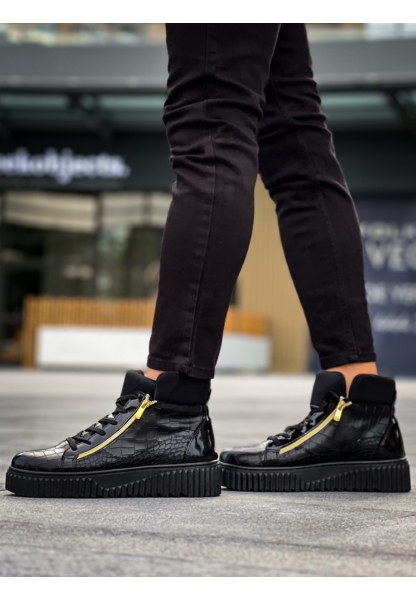 MirgeShoes Siyah Çift Fermuarlı Erkek Spor Bot Rahat Deri Kalın Yüksek Siyah Taban MRG01062830