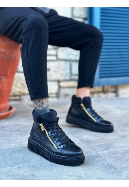 MirgeShoes Siyah Çift Fermuarlı Erkek Spor Bot Rahat Deri Kalın Yüksek Siyah Taban MRG01062830