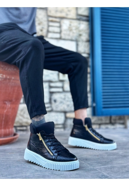 MirgeShoes Siyah Çift Fermuarlı Erkek Spor Bot Rahat Deri Kalın Yüksek Beyaz Taban MRG01062830