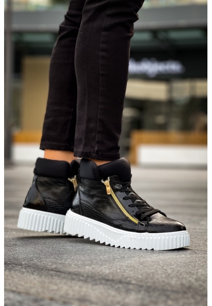 MirgeShoes Siyah Çift Fermuarlı Erkek Spor Bot Rahat Deri Kalın Yüksek Beyaz Taban MRG01062830