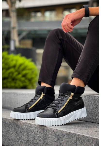 MirgeShoes Siyah Çift Fermuarlı Erkek Spor Bot Rahat Deri Kalın Yüksek Beyaz Taban MRG01062830