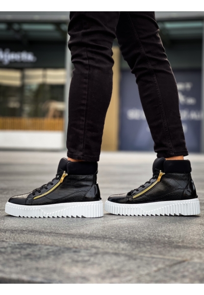 MirgeShoes Siyah Çift Fermuarlı Erkek Spor Bot Rahat Deri Kalın Yüksek Beyaz Taban MRG01062830