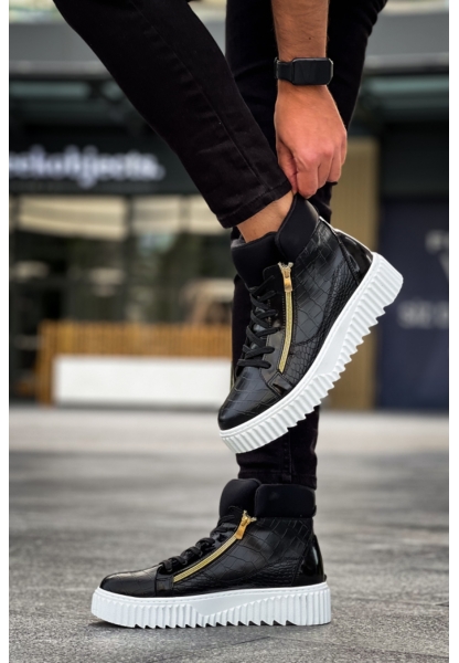 MirgeShoes Siyah Çift Fermuarlı Erkek Spor Bot Rahat Deri Kalın Yüksek Beyaz Taban MRG01062830