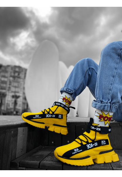 MirgeShoes Sarı Erkek Tarz Spor Ayakkabı Triko Doku Yüksek Taban SR MRG01063018