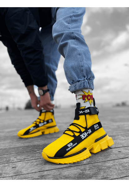 MirgeShoes Sarı Erkek Tarz Spor Ayakkabı Triko Doku Yüksek Taban SR MRG01063018
