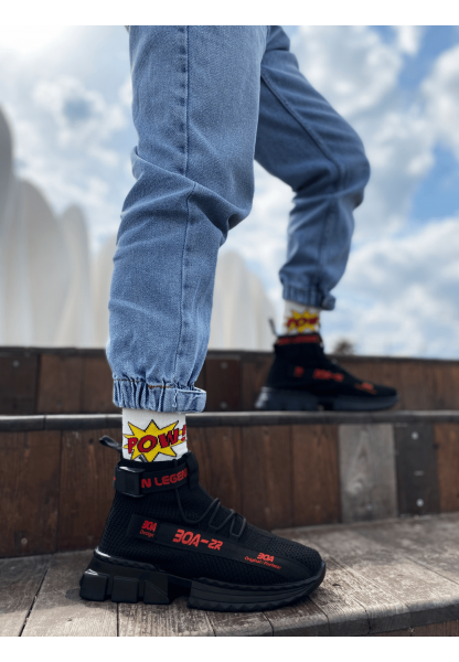 MirgeShoes Siyah-Kırmızı Erkek Tarz Spor Ayakkabı Triko Doku Yüksek Taban SYK MRG01063018