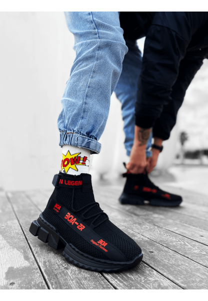 MirgeShoes Siyah-Kırmızı Erkek Tarz Spor Ayakkabı Triko Doku Yüksek Taban SYK MRG01063018