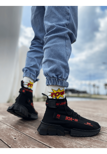 MirgeShoes Siyah-Kırmızı Erkek Tarz Spor Ayakkabı Triko Doku Yüksek Taban SYK MRG01063018