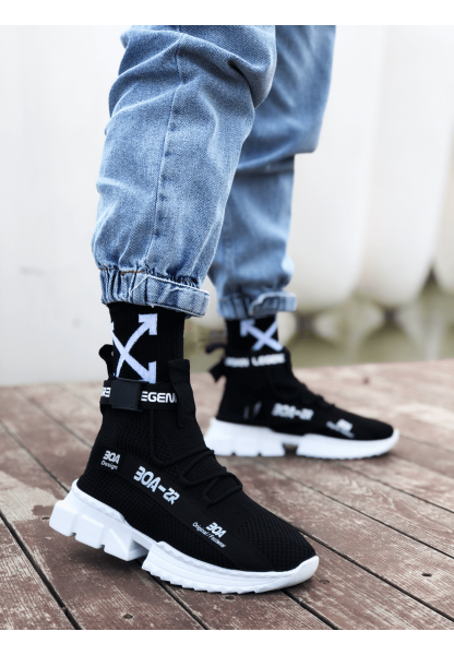 MirgeShoes Siyah Erkek Tarz Spor Ayakkabı Triko Doku Yüksek Taban SYH MRG01063018
