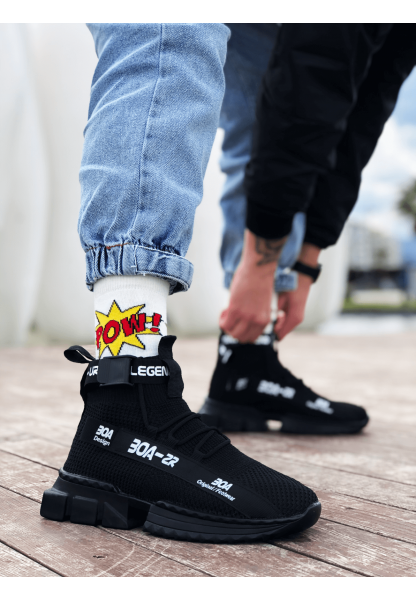MirgeShoes Siyah Erkek Tarz Spor Ayakkabı Triko Doku Yüksek Taban KMR MRG01063018