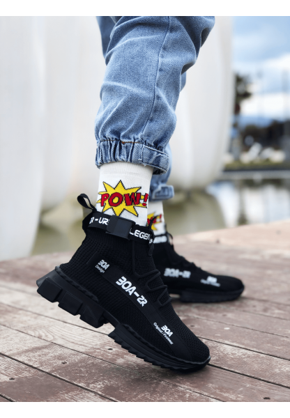 MirgeShoes Siyah Erkek Tarz Spor Ayakkabı Triko Doku Yüksek Taban KMR MRG01063018