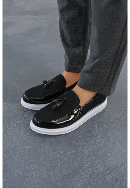 MirgeShoes Parlak Siyah Tokalı Erkek Loafer Ayakkabı Kalın BYZ Taban MRG0106002320