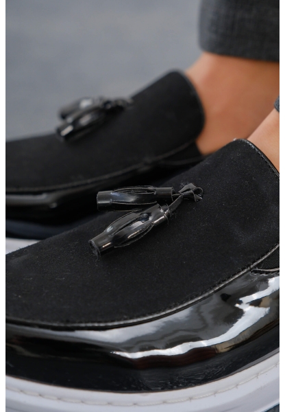 MirgeShoes Parlak Siyah Tokalı Erkek Loafer Ayakkabı Kalın BYZ Taban MRG0106002320
