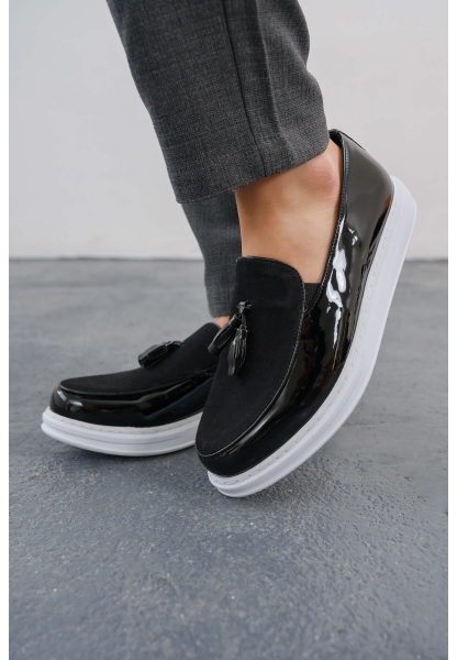 MirgeShoes Parlak Siyah Tokalı Erkek Loafer Ayakkabı Kalın BYZ Taban MRG0106002320