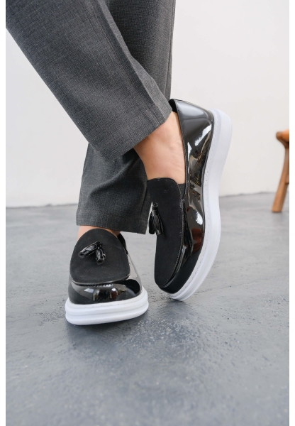 MirgeShoes Parlak Siyah Tokalı Erkek Loafer Ayakkabı Kalın BYZ Taban MRG0106002320