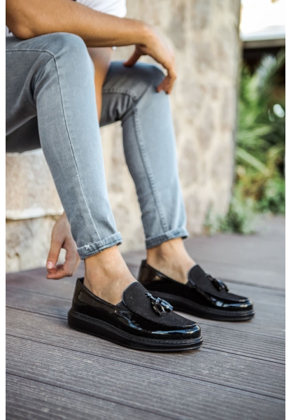 MirgeShoes Parlak Siyah Tokalı Erkek Loafer Ayakkabı Kalın SYH Taban MRG0106002320