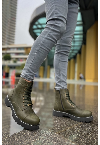 MirgeShoes Haki Bağcıklı Erkek Military Bot Yüksek Kalın GRİ Taban MRG0106002327