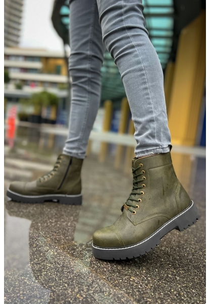 MirgeShoes Haki Bağcıklı Erkek Military Bot Yüksek Kalın GRİ Taban MRG0106002327