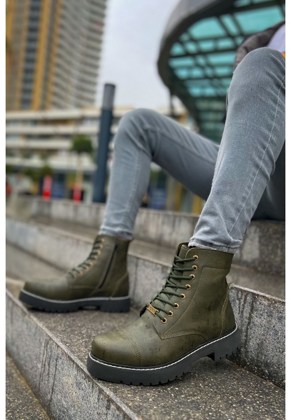 MirgeShoes Haki Bağcıklı Erkek Military Bot Yüksek Kalın GRİ Taban MRG0106002327