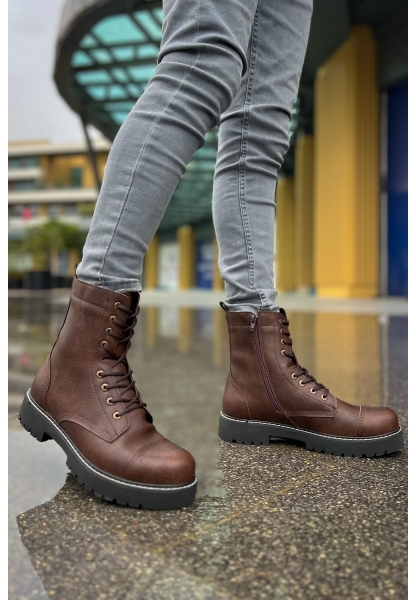MirgeShoes Kahve Bağcıklı Erkek Military Bot Yüksek Kalın GRİ Taban MRG0106002327