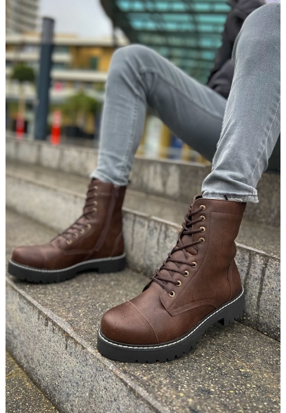 MirgeShoes Kahve Bağcıklı Erkek Military Bot Yüksek Kalın GRİ Taban MRG0106002327