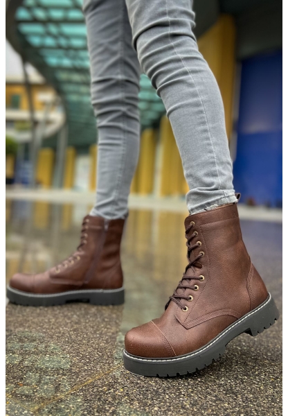 MirgeShoes Kahve Bağcıklı Erkek Military Bot Yüksek Kalın GRİ Taban MRG0106002327