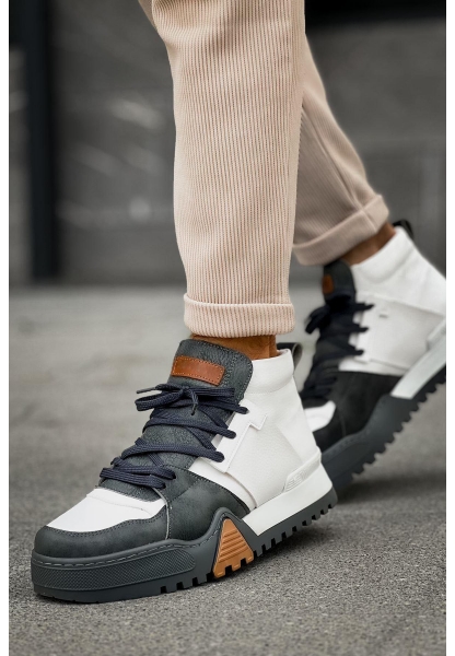 MirgeShoes Antrasit-Beyaz Bağcıklı Erkek Yarım Bilek Bot Modelli Kalın SYH-ANT Taban MRG010602375