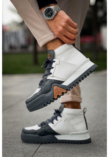 MirgeShoes Antrasit-Beyaz Bağcıklı Erkek Yarım Bilek Bot Modelli Kalın SYH-ANT Taban MRG010602375