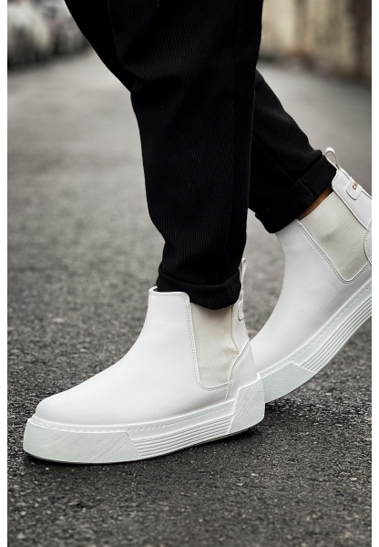 MirgeShoes Beyaz Bağcıksız Erkek Chelsea Bot Lastikli Kalın BYZ Taban MRG010602387