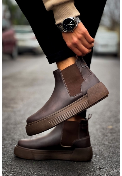 MirgeShoes Kahve Bağcıksız Erkek Chelsea Bot Lastikli Kalın KHV Taban MRG010602387