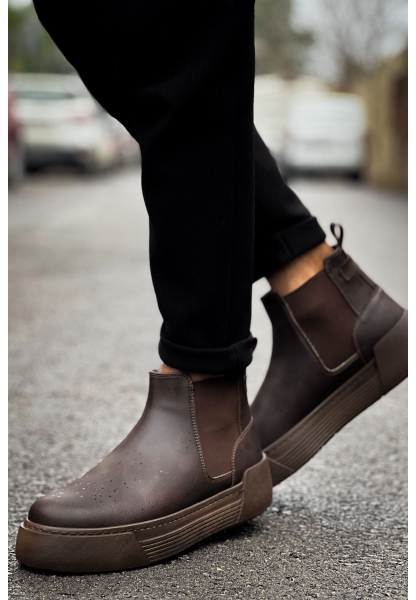 MirgeShoes Kahve Bağcıksız Erkek Chelsea Bot Lastikli Kalın KHV Taban MRG010602387