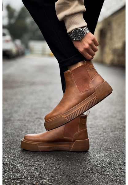 MirgeShoes Taba Bağcıksız Erkek Chelsea Bot Lastikli Kalın TB Taban MRG010602387