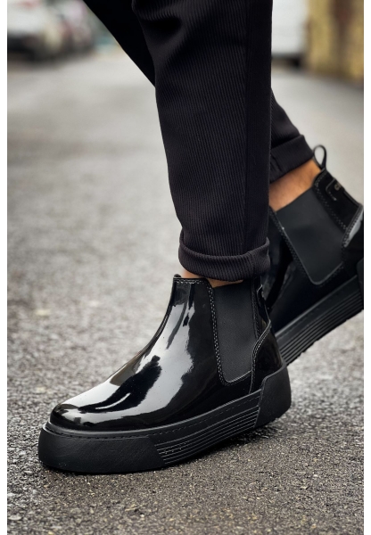 MirgeShoes Parlak Siyah Bağcıksız Erkek Chelsea Bot Lastikli Kalın SYH Taban MRG010602387