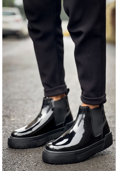 MirgeShoes Parlak Siyah Bağcıksız Erkek Chelsea Bot Lastikli Kalın SYH Taban MRG010602387