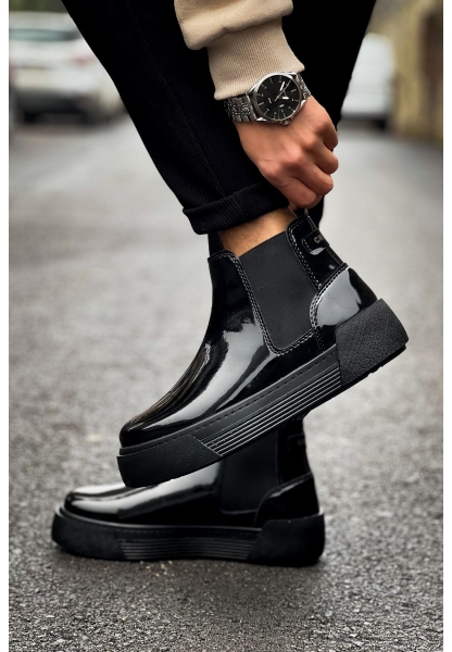 MirgeShoes Parlak Siyah Bağcıksız Erkek Chelsea Bot Lastikli Kalın SYH Taban MRG010602387