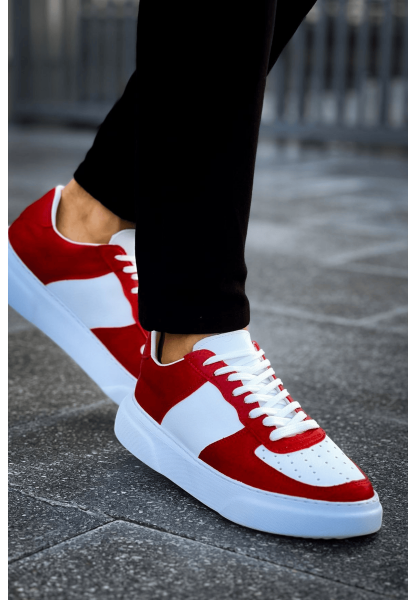 MirgeShoes Kırmızı-Beyaz Bağcıklı Erkek Spor Ayakkabı Düz Model Kalın BYZ Taban MRG010602405