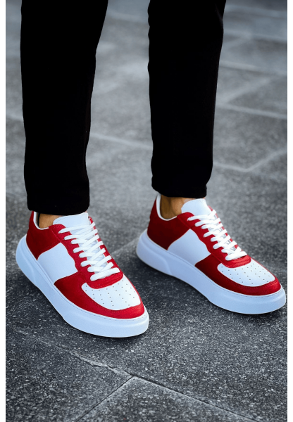 MirgeShoes Kırmızı-Beyaz Bağcıklı Erkek Spor Ayakkabı Düz Model Kalın BYZ Taban MRG010602405
