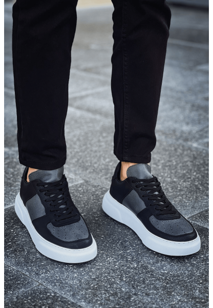 MirgeShoes Siyah-Antrasit Bağcıklı Erkek Spor Ayakkabı Düz Model Kalın BYZ Taban MRG010602405
