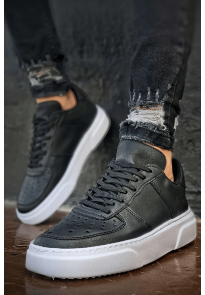 MirgeShoes Siyah Bağcıklı Erkek Spor Ayakkabı Düz Model Kalın BYZ Taban MRG010602405
