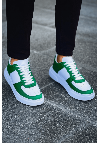 MirgeShoes Beyaz-Yeşil Bağcıklı Erkek Spor Ayakkabı Düz Model Kalın BYZ Taban MRG010602405
