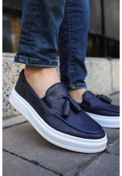 MirgeShoes Lacivert Tokalı Erkek Loafer Ayakkabı Kalın BYZ Taban MRG01062445