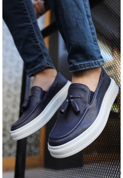 MirgeShoes Lacivert Tokalı Erkek Loafer Ayakkabı Kalın BYZ Taban MRG01062445